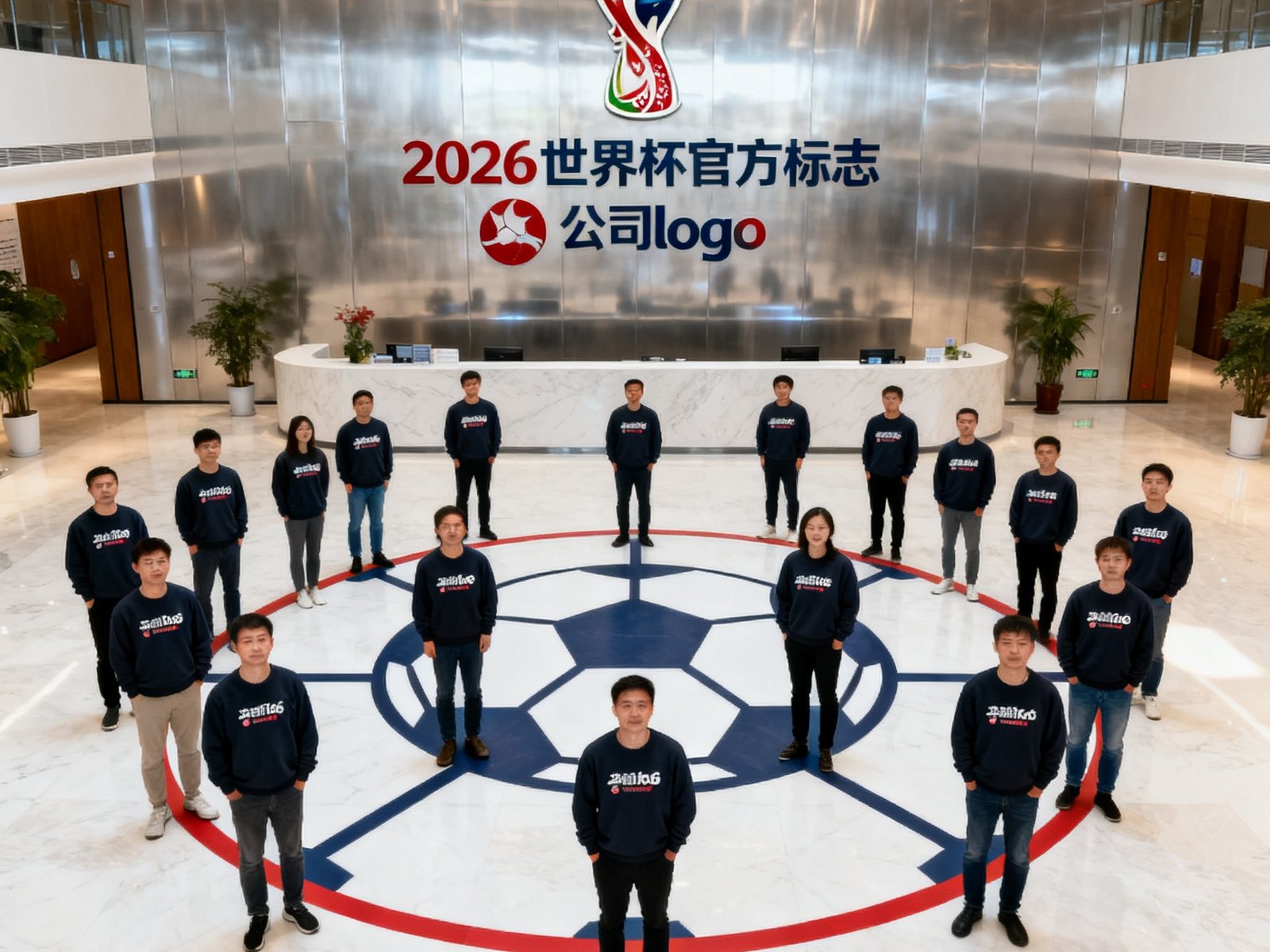 世界杯直播科技有限公司北京总部团队合影，210名员工在公司前台大厅排列成足球阵型图案，背景墙面装饰着巨大的2026世界杯官方标志和公司logo，员工们身穿印有公司slogan的深色卫衣